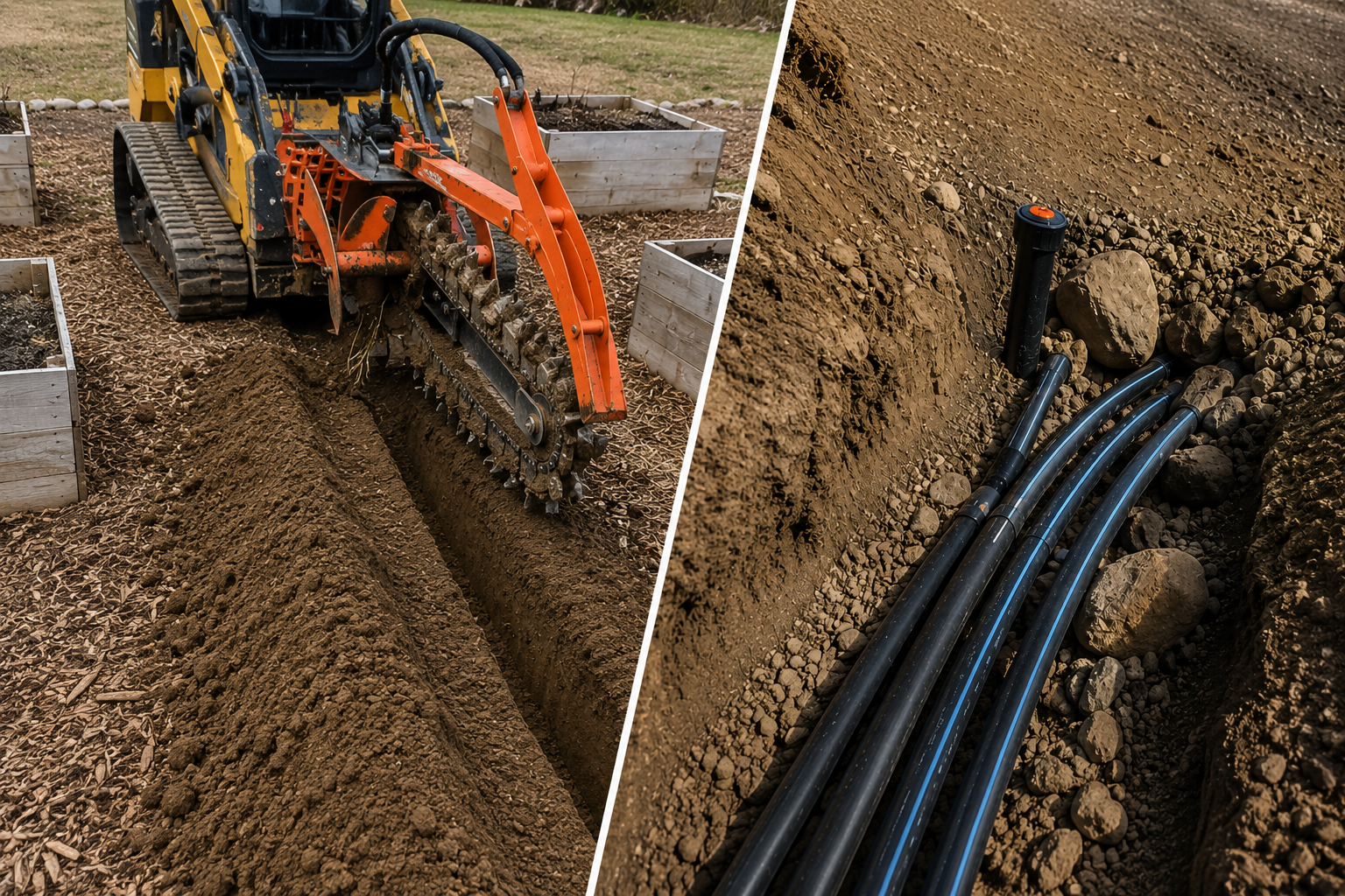 Skid steer trencher cutting a trench beside installed irrigation pipe